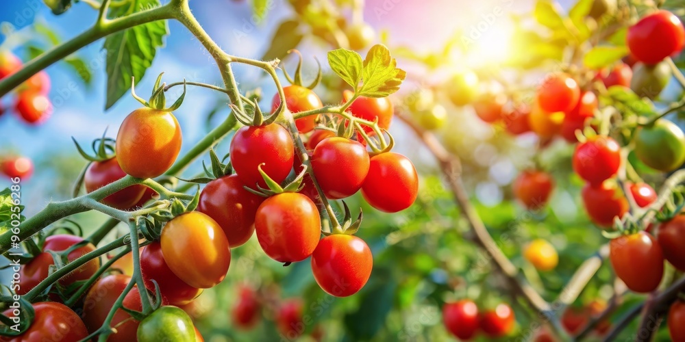 Fototapeta premium Lively and Vibrant Cherry Tomato Plants Thriving Under Bright Sunlight in a Garden