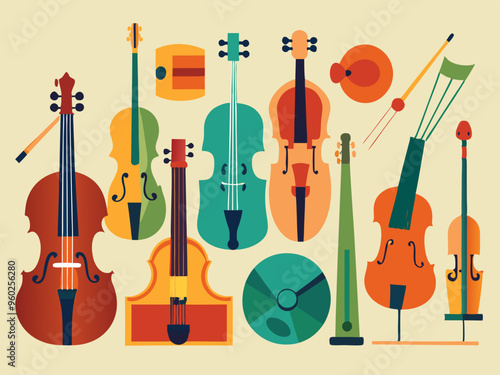 Set of different violins, string instruments.Vector images of musical instruments