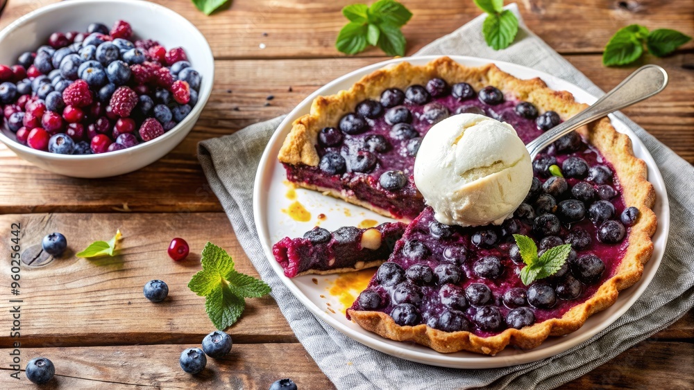 Delicious homemade blueberry pie served on a rustic wooden table with a dollop of vanilla ice cream, blueberry, pie, dessert Delicious homemade blueberry pie served on a rustic wooden table with a dollop of vanilla ice cream, blueberry, pie, dessert