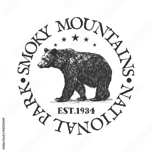 Great Smoky Mountains National Park, USA Illustration Clip Art Design Shape. Black Bear Animal Silhouette Icon Vector.
