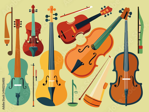 Set of different violins, string instruments.Vector images of musical instruments