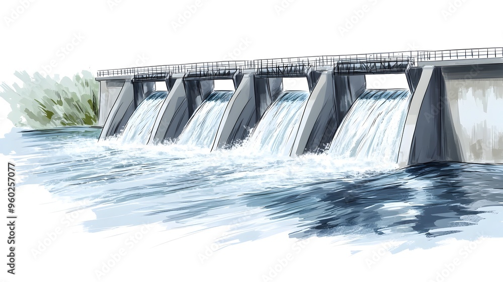 Detailed of a Modern Dam with Flowing Water on a White Background,Ideal for Engineering or Detailed of a Modern Dam with Flowing Water on a White Background,Ideal for Engineering or