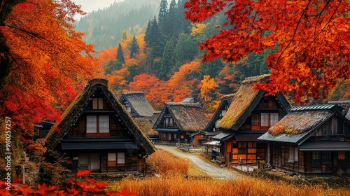 Shirakawa-go autumn landscape, with vibrant red and orange foliage surrounding the traditional houses.