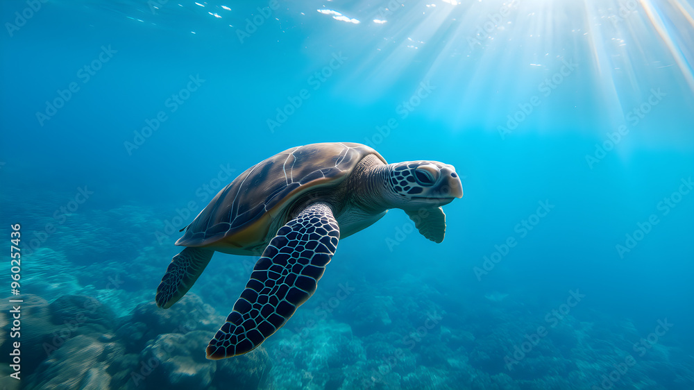 Sea turtle swimming above the ocean floor with light rays filtering Sea turtle swimming above the ocean floor with light rays filtering
