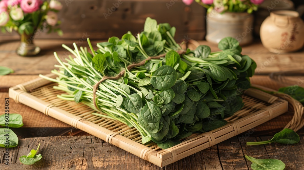 Fresh green water spinach on the mat
