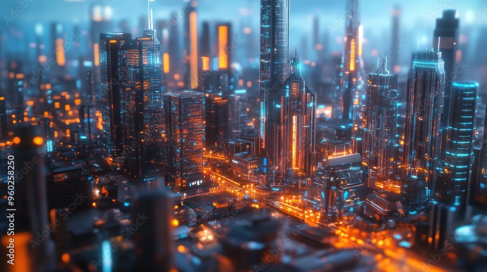 Fototapeta premium A futuristic cityscape with glowing skyscrapers and neon lights.