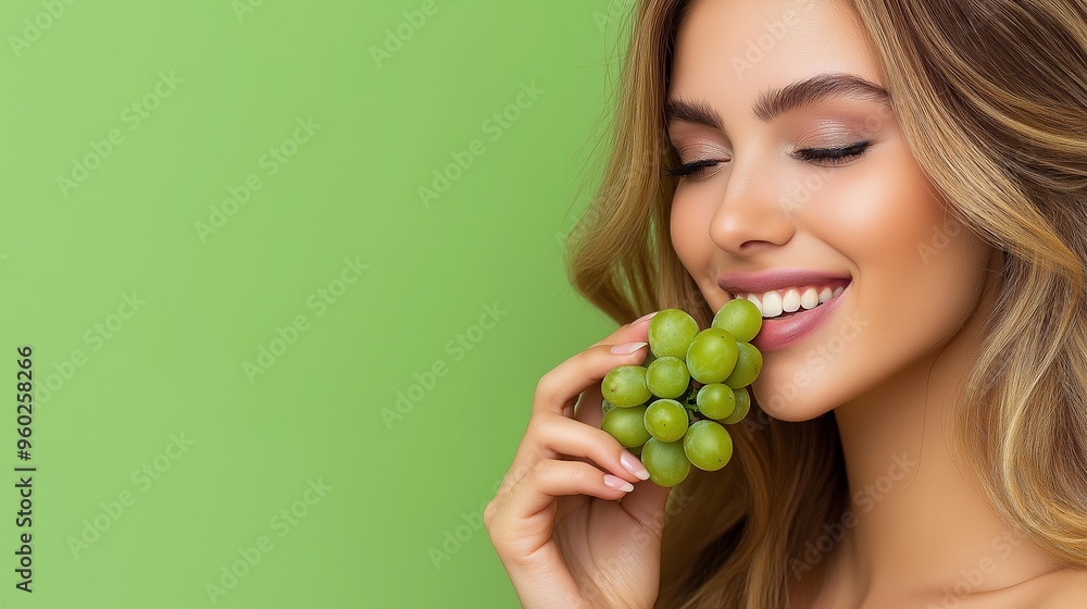 A mid-40s Caucasian woman with shoulder-length blonde hair enjoys a grape against a soft green background, with space for text on the left A mid-40s Caucasian woman with shoulder-length blonde hair enjoys a grape against a soft green background, with space for text on the left