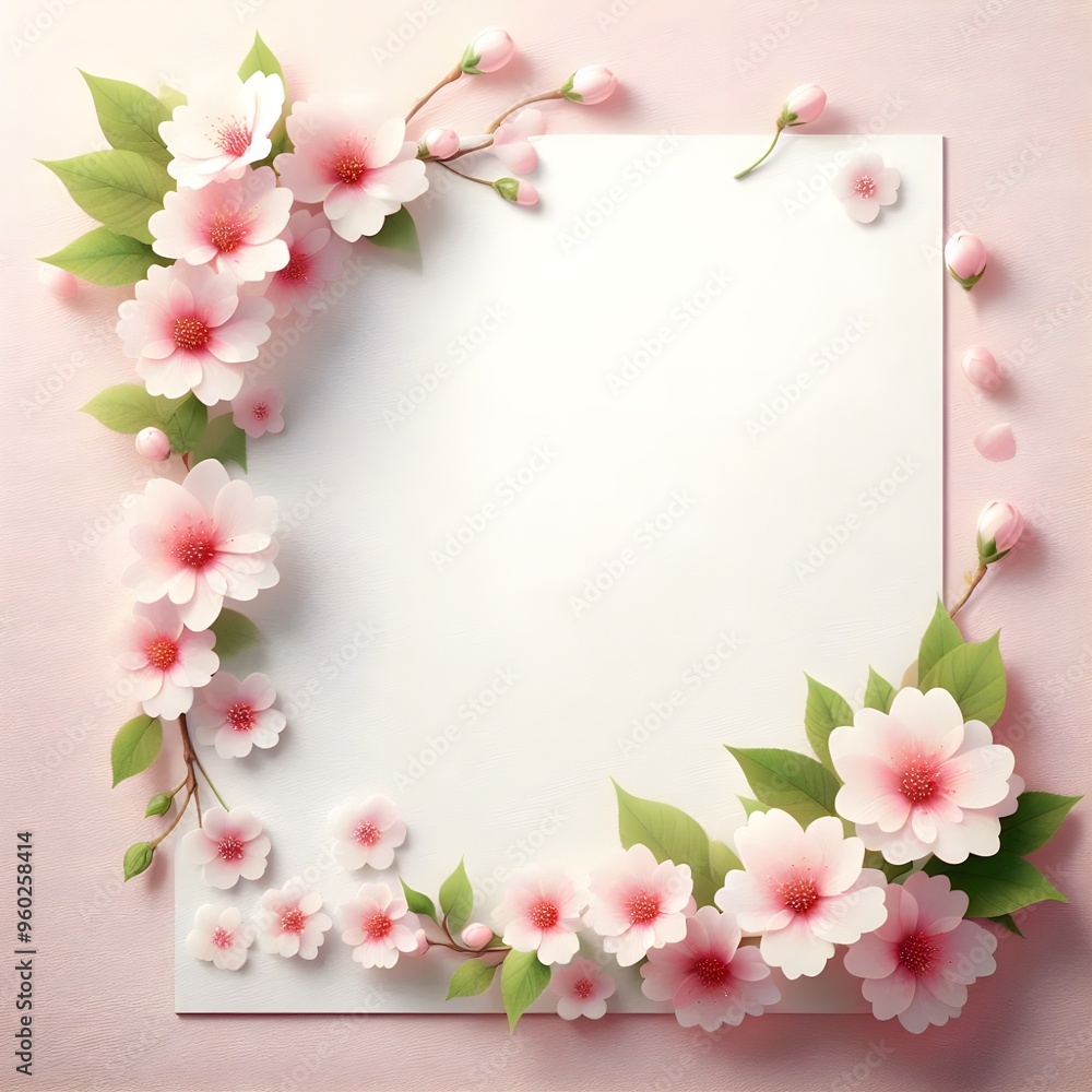 Delicate Frame of Pink Cherry Blossoms with Leaves on Bright Background Delicate Frame of Pink Cherry Blossoms with Leaves on Bright Background