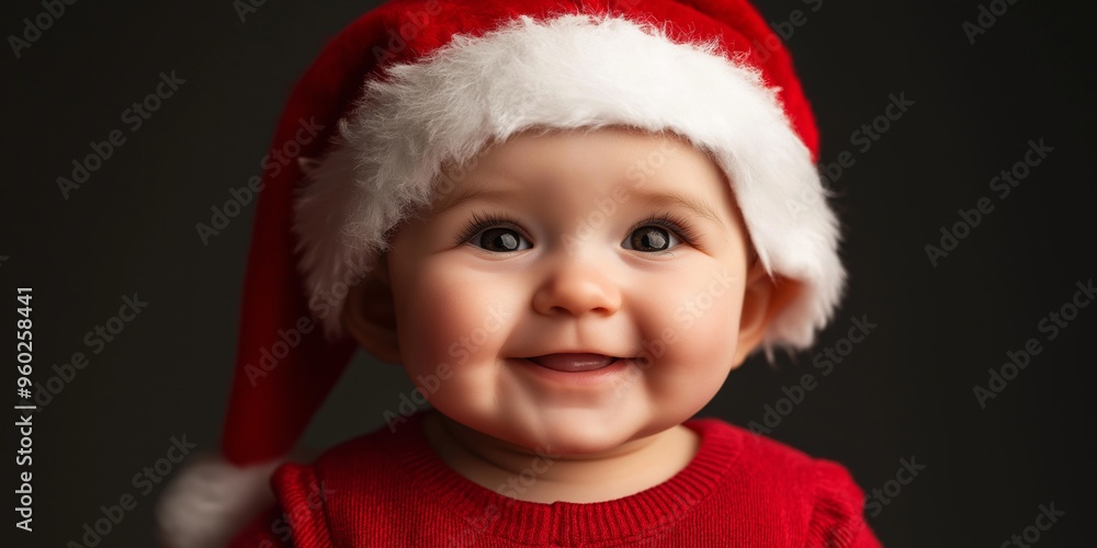 A baby wearing a red hat and a red sweater is smiling A baby wearing a red hat and a red sweater is smiling