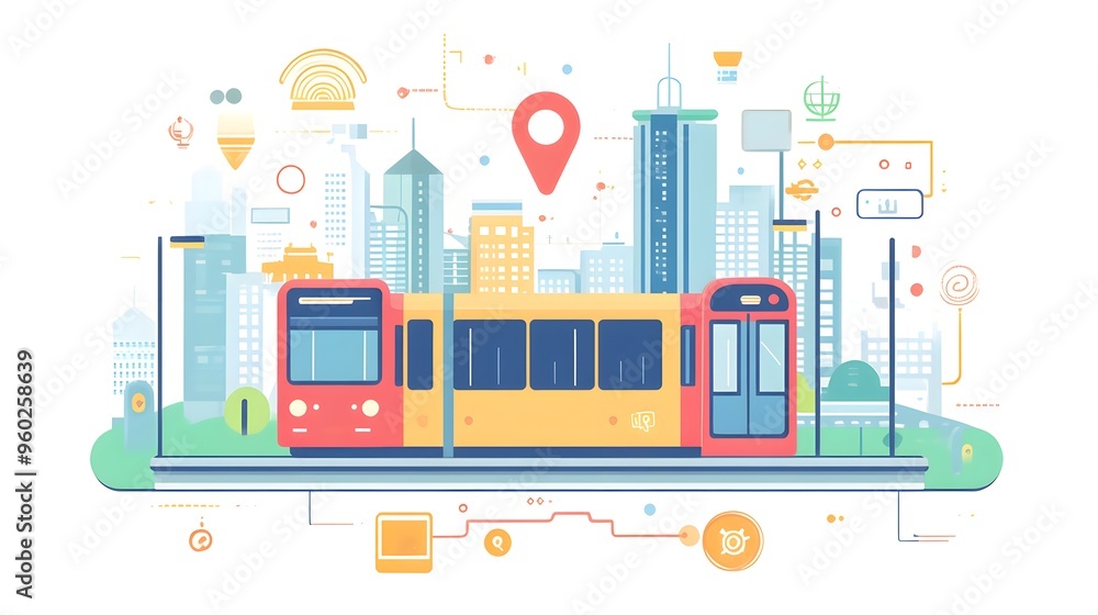 A flat design of a public transportation app with bus, train, and subway icons A flat design of a public transportation app with bus, train, and subway icons