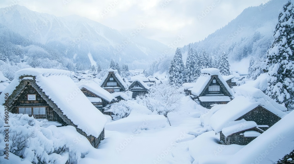Fototapeta premium Shirakawa-go's traditional houses covered in thick snow, with the surrounding mountains creating a serene backdrop. -