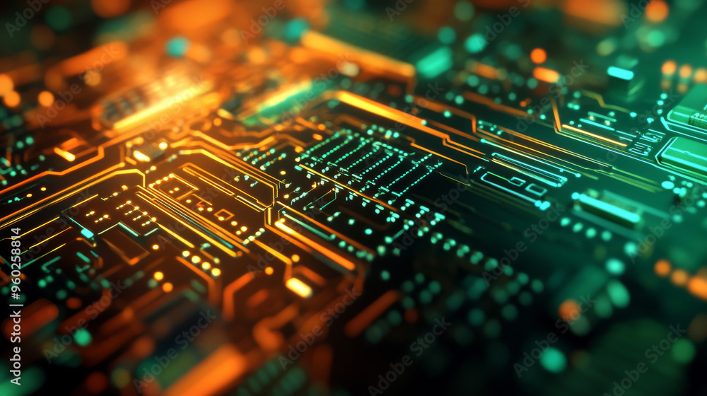 Futuristic server with circuit board code processing, featuring an orange, green, and blue technology background with bokeh effects. Includes a printed circuit board design. 3D rendering. Futuristic server with circuit board code processing, featuring an orange, green, and blue technology background with bokeh effects. Includes a printed circuit board design. 3D rendering.