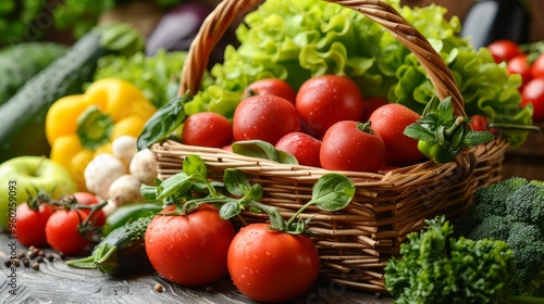 Fresh organic fruits and vegetables in wicker basket