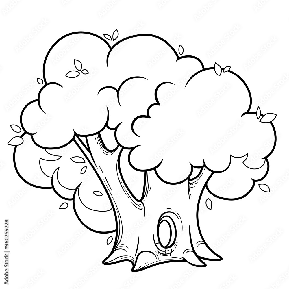 Big old lush foliar tree with a hollow linear drawing for coloring isolated on white background Big old lush foliar tree with a hollow linear drawing for coloring isolated on white background