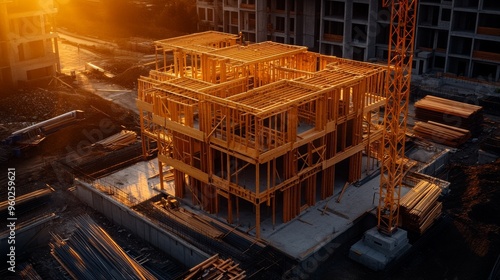 Wallpaper Mural Aerial View of Wooden Frame House Construction Site at Sunset Torontodigital.ca