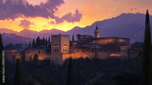 Wallpaper Mural The Alhambra at sunset, with the palace illuminated against a backdrop of the fading sky and mountains. Torontodigital.ca
