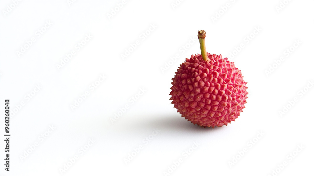 A single ripe lychee fruit with a textured red skin placed against a clean white background, showcasing its unique appearance and freshness A single ripe lychee fruit with a textured red skin placed against a clean white background, showcasing its unique appearance and freshness