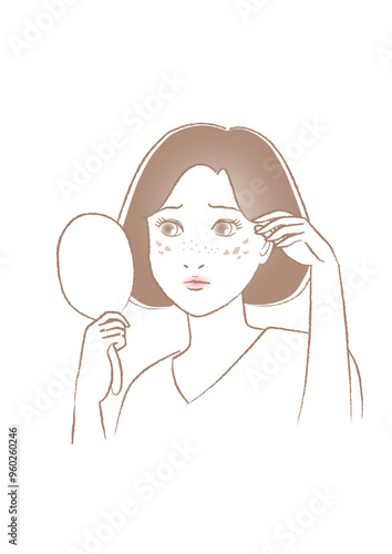 シミやそばかすに悩む女性のイラスト