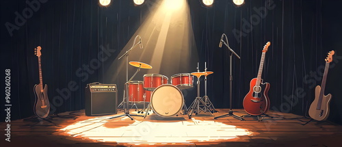 a flat vector illustration of an empty stage with a drum set and guitar, a music studio background, black curtains, suitable for a widescreen wallpaper, A golden spotlight shines down from above. photo