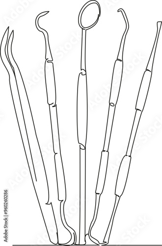 One continuous single drawing line art flat doodle tool, dentist, hygiene, equipment, dental, teeth, metal, clinic, instrument, medicine. Isolated image hand draw contour on a white background
