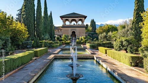 The Alhambra Generalife Pavilion with its beautiful gardens and fountains under a clear blue sky.