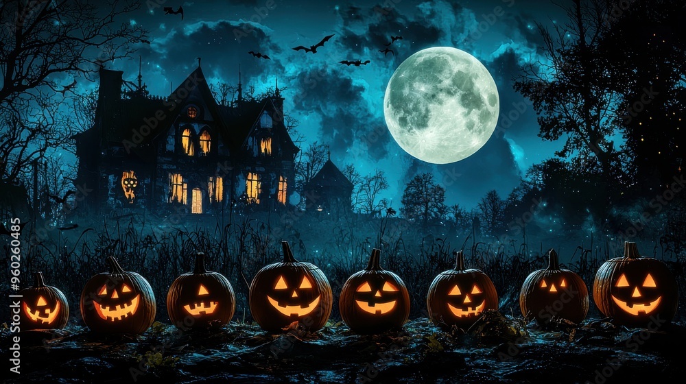 Fototapeta premium A spooky scene with a row of jack-o'-lanterns flickering in the foreground as a full moon rises over a haunted house silhouetted against the night sky