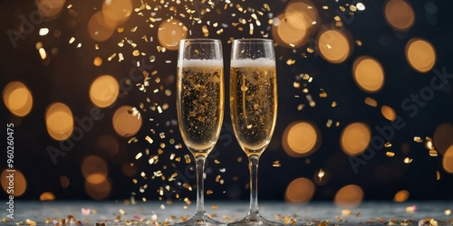 Two clinking champagne glasses with small heart shaped sugar confetti. photo