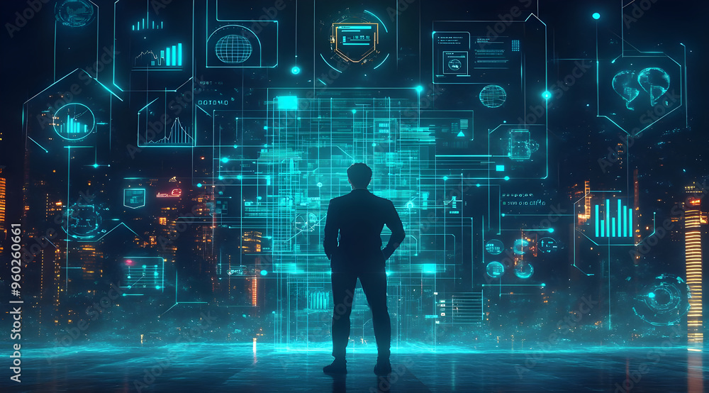 Man facing holographic data in futuristic cityscape Man facing holographic data in futuristic cityscape