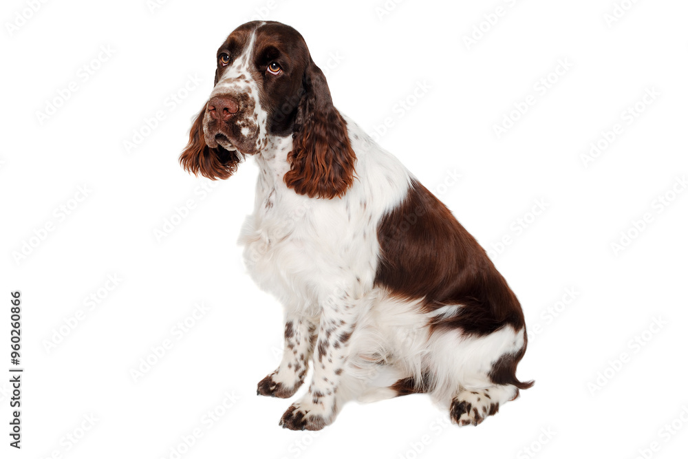 Sad English Springer Spaniel dog taken on at clean white background Sad English Springer Spaniel dog taken on at clean white background