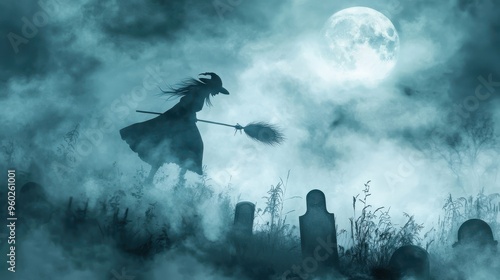 A witch with a broom hovers over a graveyard silhouette under a full moon while fog rolls in adding an extra layer of mystery to the scene photo