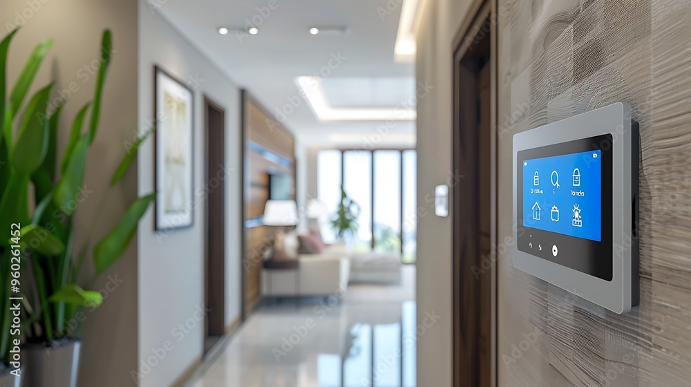 Smart home control panel in a sleek hallway with connected devices Smart home control panel in a sleek hallway with connected devices