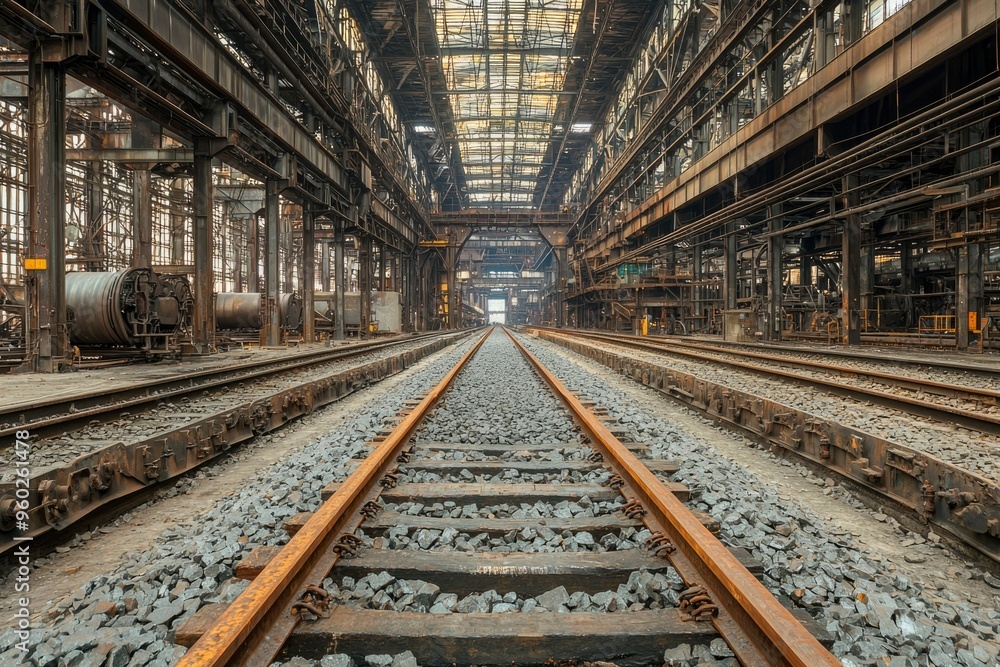 Railroad Tracks Leading Through an Abandoned Industrial Building Railroad Tracks Leading Through an Abandoned Industrial Building