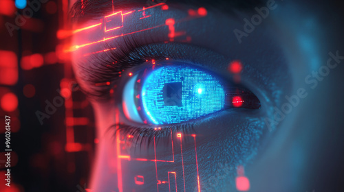 Security access technology featuring a scanner decoding retinal data. Represents a digital retinal recognition system. Technology concept with 3D rendering. photo