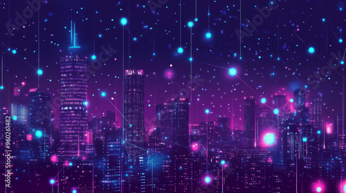 Smart city network featuring wireless digital dot technology background. Illustrates IoT (Internet of Things) on a global scale. Vector illustration showcasing fantastic technology.