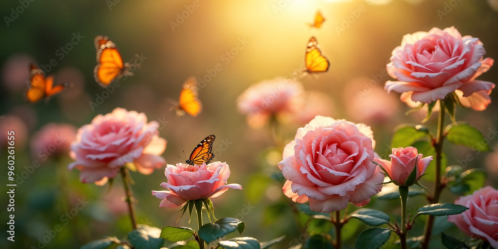 Obraz premium Delicate pink roses in full bloom, with butterflies fluttering around them in the soft, golden light of the afternoon