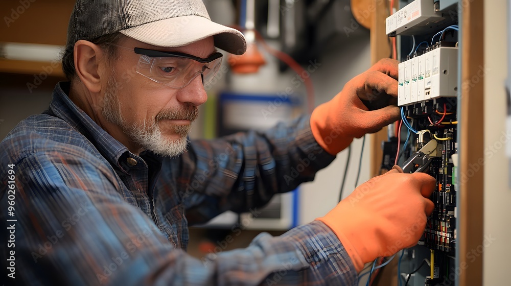 Electrician Repairing a Home's Electrical Fuse Box: The electrician is seen carefully fixing or upgrading an older fuse box in a house, working with a variety of tools and safety equipment. Electrician Repairing a Home's Electrical Fuse Box: The electrician is seen carefully fixing or upgrading an older fuse box in a house, working with a variety of tools and safety equipment.