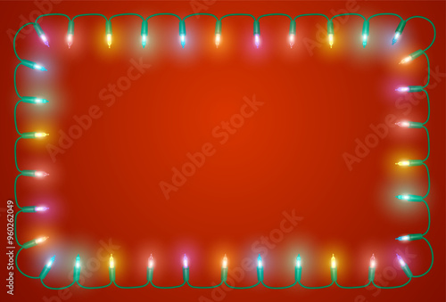 Photo realistic multi colored fluorescent string of Christmas lights over a red gradient background vector illustration stock illustration
