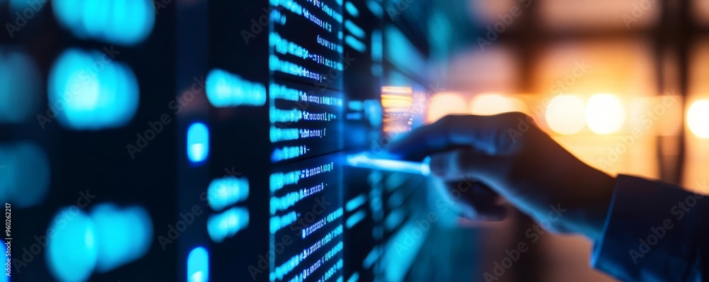Database development, augmented reality interface, programmer coding, blue glow Database development, augmented reality interface, programmer coding, blue glow