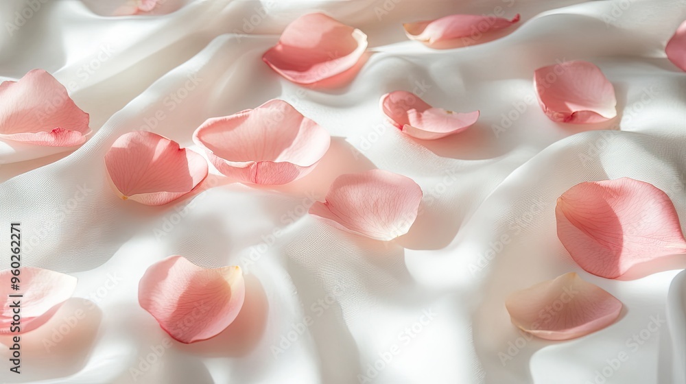 Scattered pink petals on soft white fabric, with natural light enhancing the gentle, serene atmosphere of the setting. Scattered pink petals on soft white fabric, with natural light enhancing the gentle, serene atmosphere of the setting.