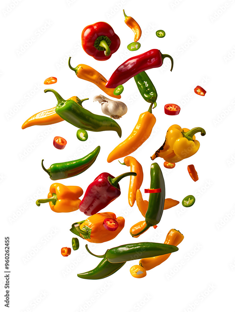 Colorful Peppers and Garlic Floating in Air Colorful Peppers and Garlic Floating in Air