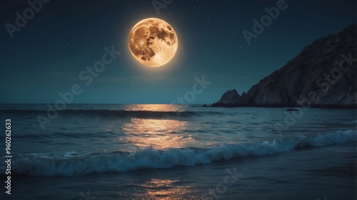 Serene Full Moon Over Silvery Ocean at Night.