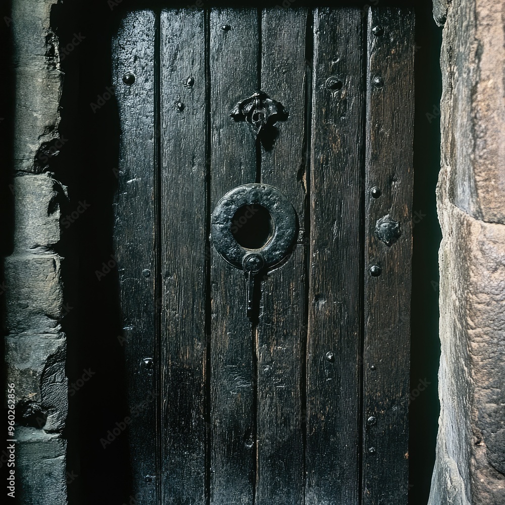 The ancient oak door of Nottingham Castle, with iron fittings and a large keyhole, leading into the castleinterior The ancient oak door of Nottingham Castle, with iron fittings and a large keyhole, leading into the castleinterior