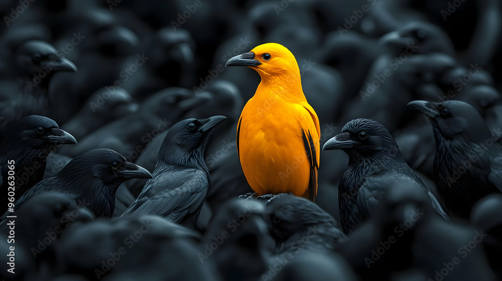A vibrant yellow bird stands out among dark crows. A vibrant yellow bird stands out among dark crows.