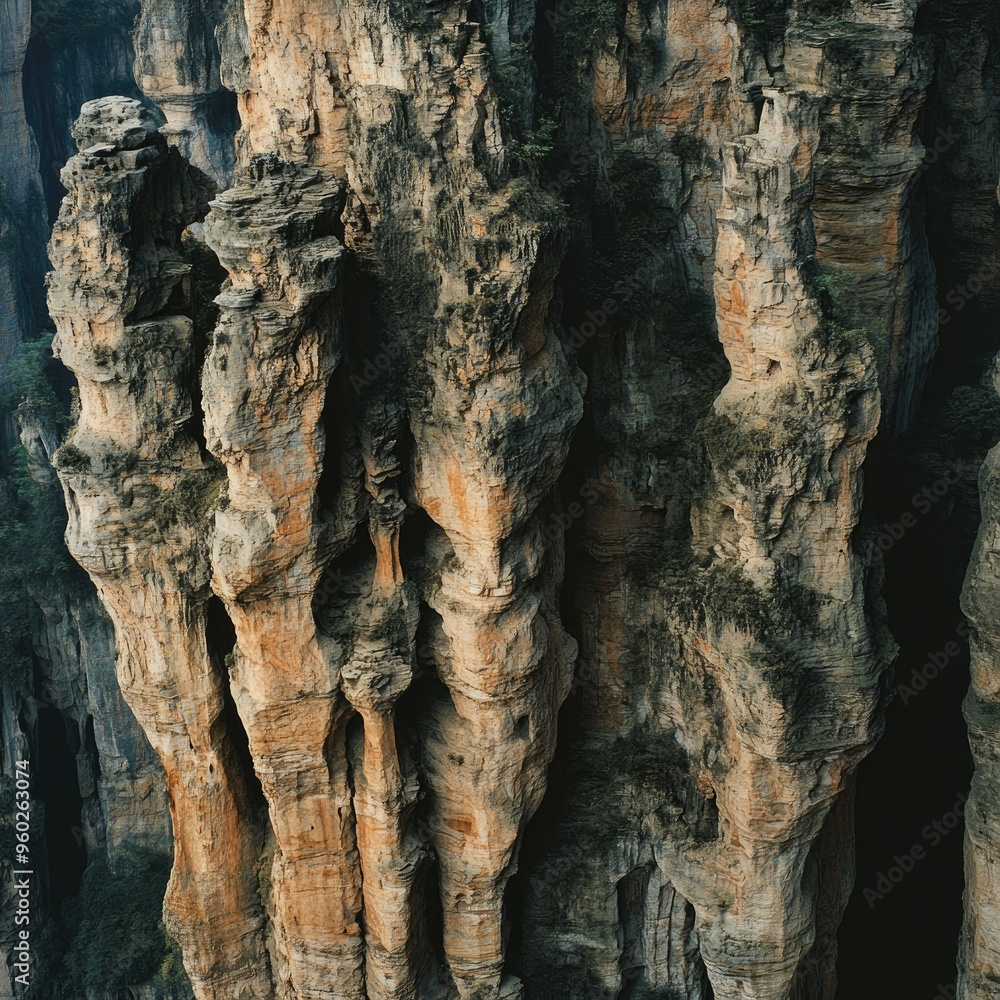 The ancient sandstone pillars of Zhangjiajie, with their intricate layers and weathered textures. The ancient sandstone pillars of Zhangjiajie, with their intricate layers and weathered textures.