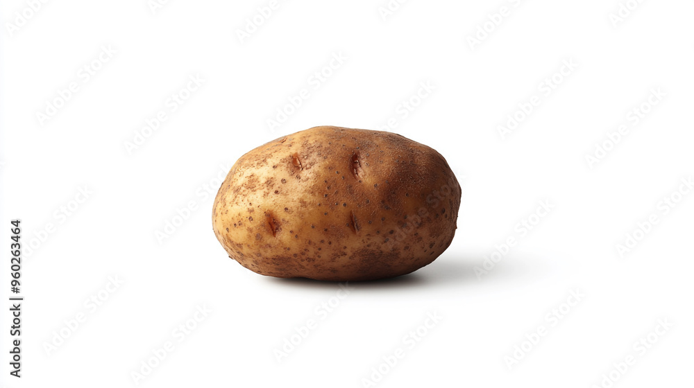 A single unpeeled potato resting on a white surface, showcasing its natural texture and earthy tones in soft lighting A single unpeeled potato resting on a white surface, showcasing its natural texture and earthy tones in soft lighting