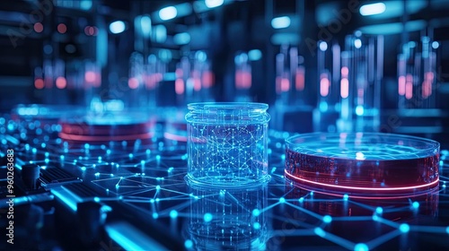 23. Futuristic biotech lab with glowing petri dishes and holographic molecular models