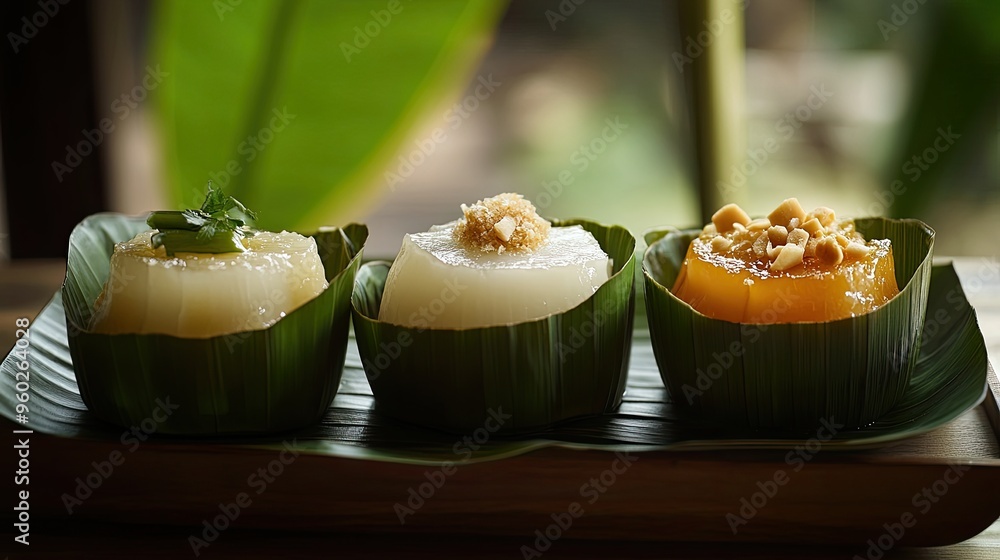 Three perfectly made Khanom Thai desserts, with a smooth texture and ...