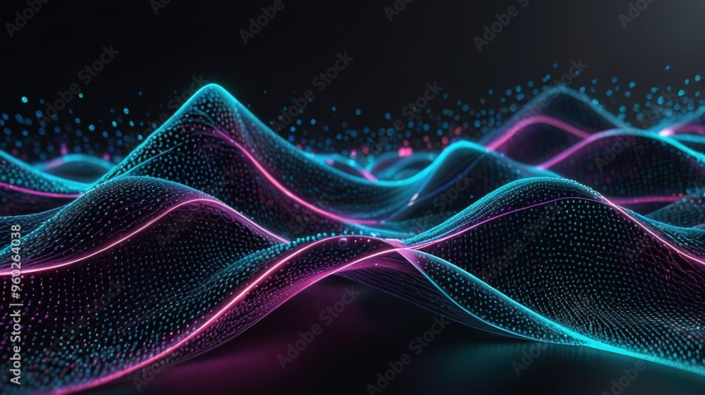 Fototapeta premium Abstract technology stream background. Digital dynamic wave of dots. Network connection structure. 3D rendering.