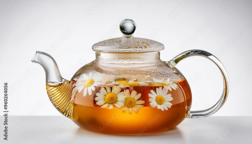 glass teapot with chamomile tea inside, isolated on white background glass teapot with chamomile tea inside, isolated on white background