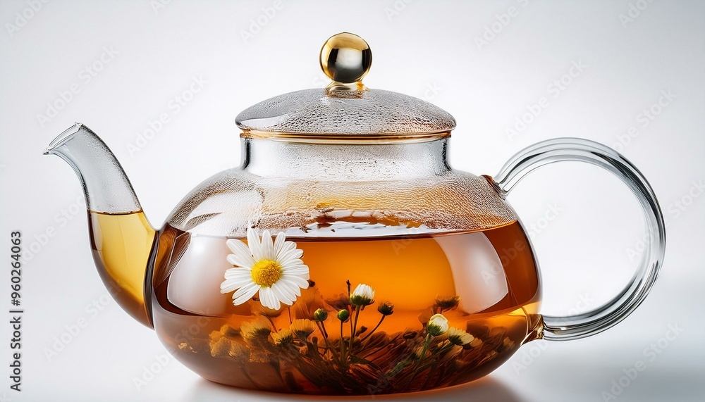 glass teapot with chamomile tea inside, isolated on white background glass teapot with chamomile tea inside, isolated on white background